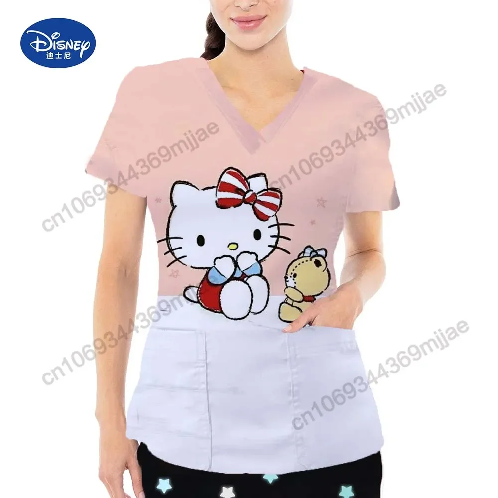 Leisure and comfortable Hello Kitty cartoon pattern printed women's T-shirt 2024 V-neck design Y2k style women's nurse uniform