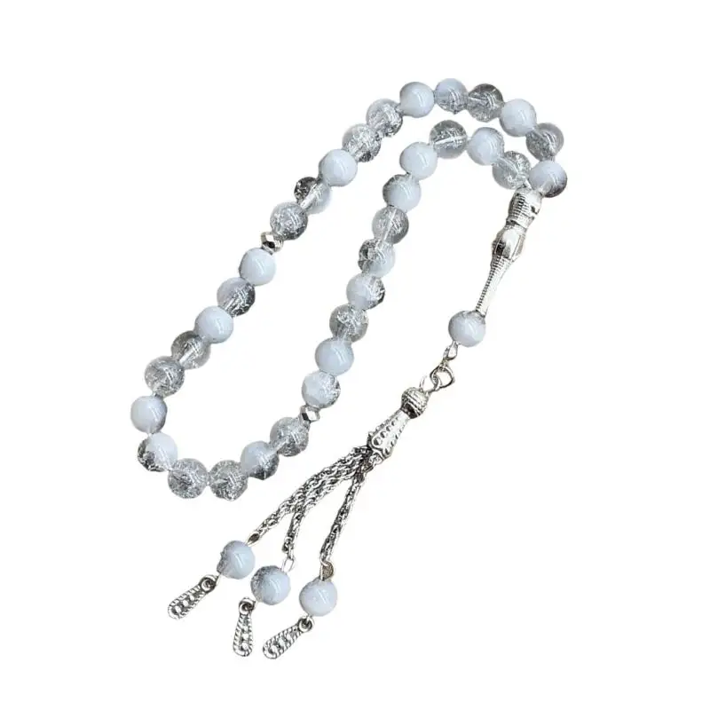 

652F Islamic 33 Beads Rosary Ice Cracked Glass Tasbih Handmade Bracelet for Muslims Worship and Meditation Ceremony Use