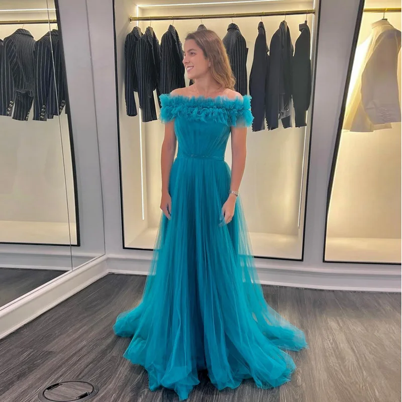 

Lake Blue Wrap Shoulders Pleated Long Tulle Dresses Simple Tutu Pleated Illusion Dress Floor Length Bridal Party Dresses Women