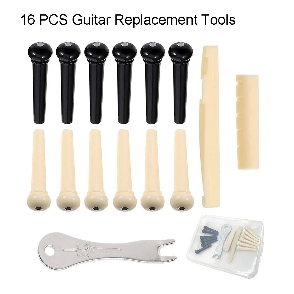 Guitar Bridge Pin Removal Tool Kit Including 12 Bridge Pins 2 Nuts 1 Saddle and 1 Puller for Standard Acoustic Guitars