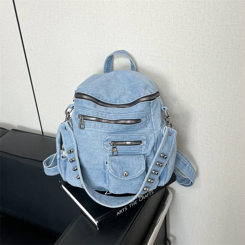 Women Vintage Washed Denim Backpack Metal Rivet Multi Pockets Large Capacity School Bag Convertible Shoulder Crossbody Bag