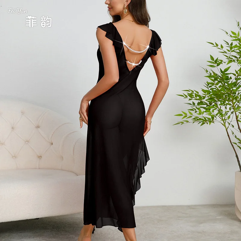 Summer Solid Color See Through Night Skirt Women Sexy V-neck Backless Pearl Chain Flower  Side Slit Dress Pajamas Female 2025