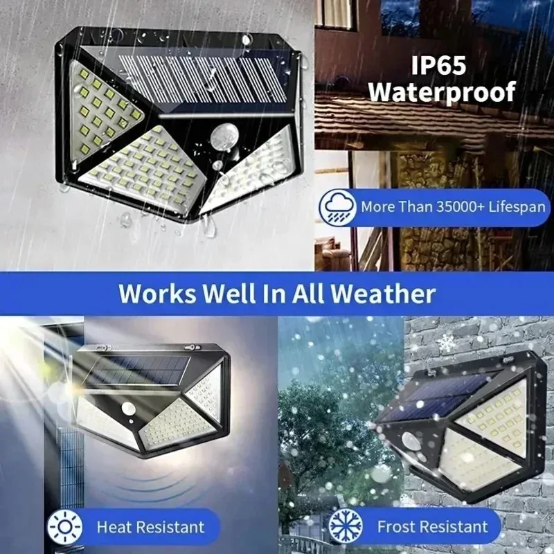 100 LED Solar Wall Light Outdoor Garden Motion Sensor Night Lamp 4 Side Home Pathway Street Lighting Waterproof IP65 Yard Decor