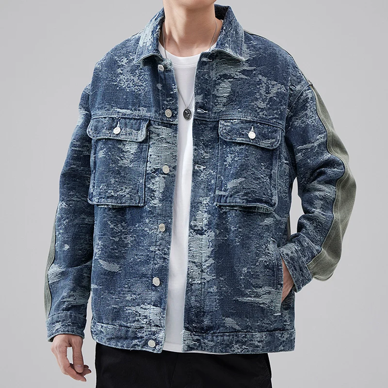 

2024 New Retro Japanese jacket men's plus size fashion design stitching washed street trend loose lapels Y2K denim clothes