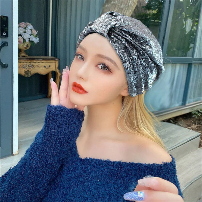 French Retro Sequins Turban Cap for Women Fashion Ladies Headwrap Bonnet Muslim Female Inner Hijabs Headscarf Arab India Hats