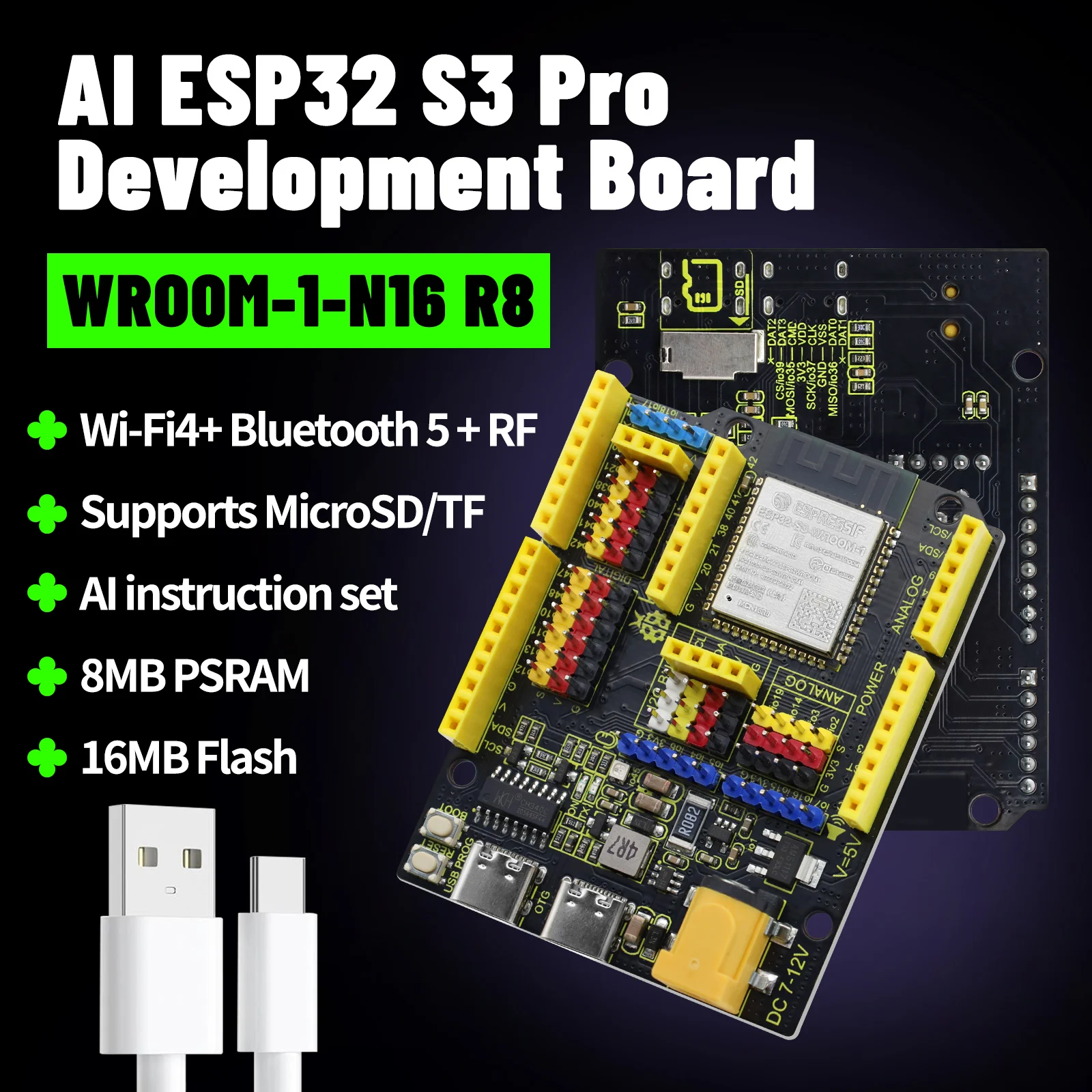 Placa de Desenvolvimento Keyestudio ESP32 S3 Pro Baseada no Módulo ESP32-S3-WROOM N16R8 com USB Tipo C para Programação Arduino IDE