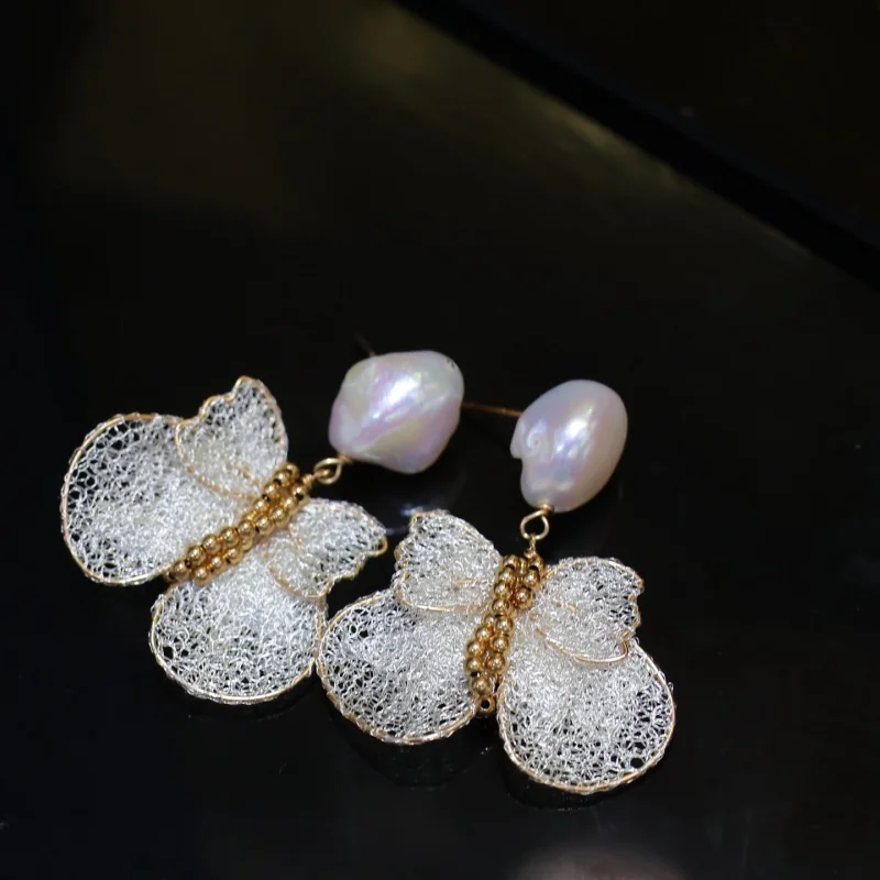 

SGARIT Lace Bow Natural Baroque Pearl Pendant Earrings 14k Filled Gold for Women Fashion Temperament Jewelry