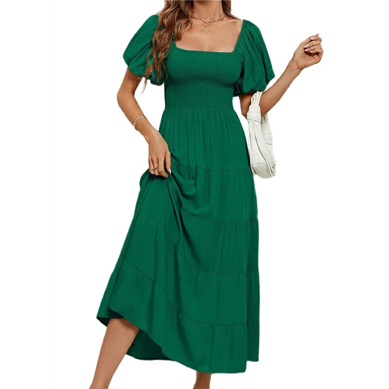 A09P Vestido midi casual de verão feminino, manga curta inchada, gola quadrada, vestidos com babados em camadas