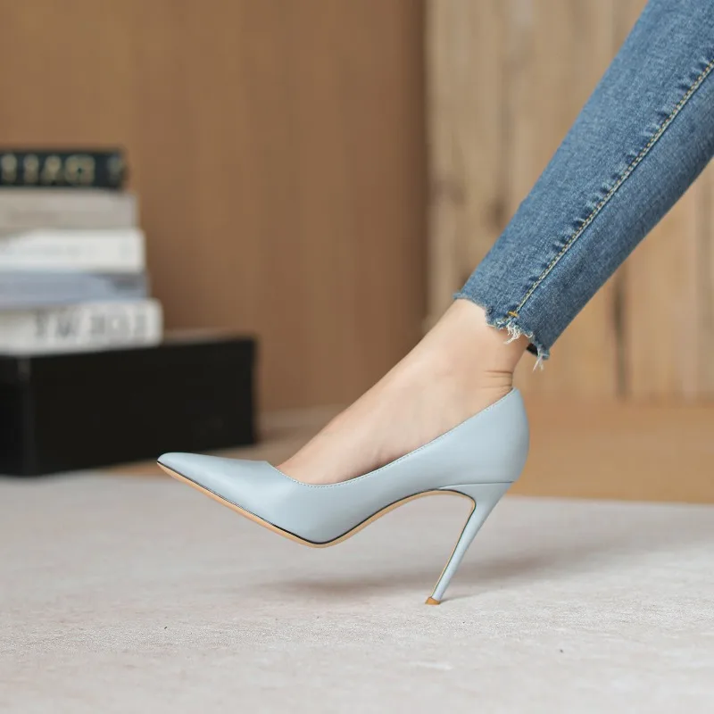 

2026 Spring New Pointed Toe Women's High Heels Light Blue Sheepskin 12CM Thin Heel Shallow Mouth Women Party Prom Single Shoes