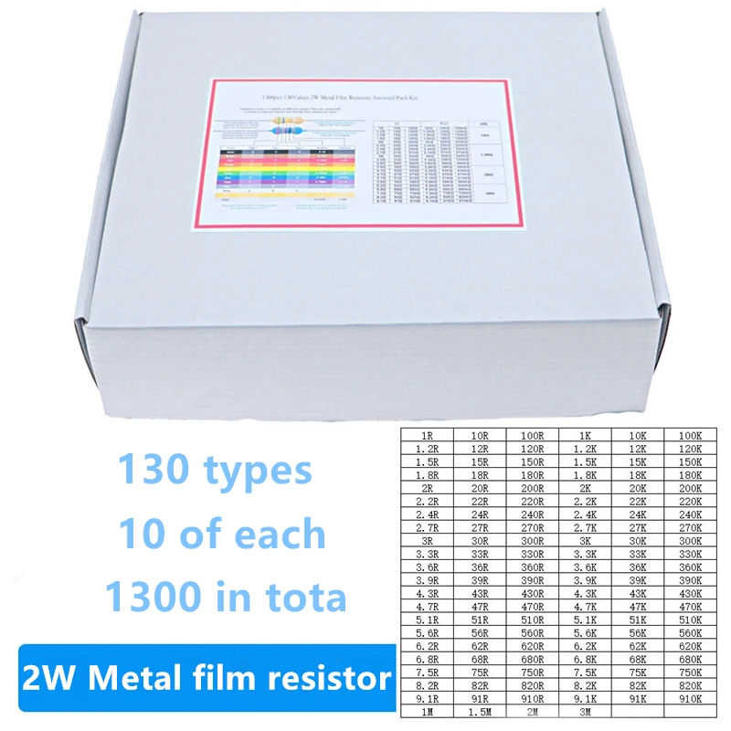 

1300 штук по 130 типам распространённых металлических пленочных резисторов, 2 Вт, прямое включение, смешанные пятицветные кольца, 10 штук каждого типа.