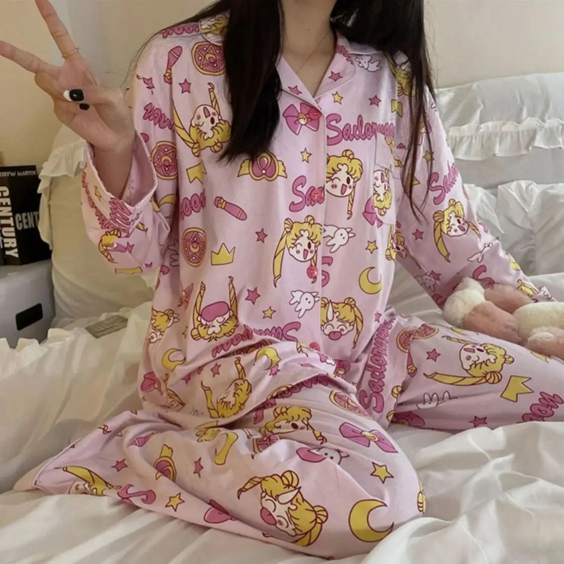 Cute Sailor Moon Anime Women Pajamas Spring Autumn Cartoon Printing Long-sleeved Pants Suit Loose Casual Comfortable Homewear