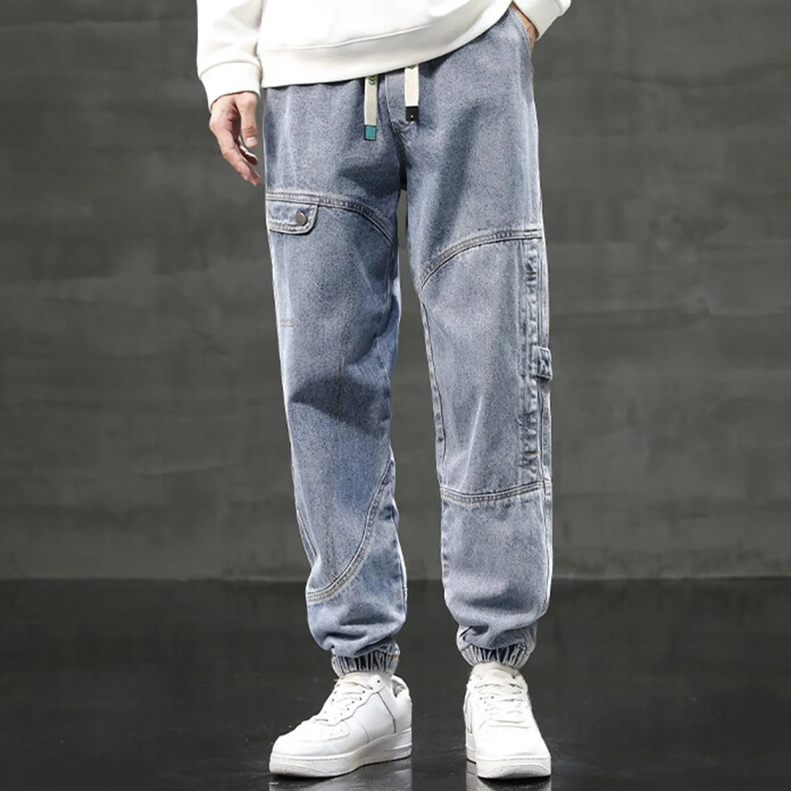 2025 Men's Cargo Jogger Jeans Hip Hop Streetwear Multiple Pockets Stretched Cotton Lace Up Casual Denim Pants Baggy Trousers