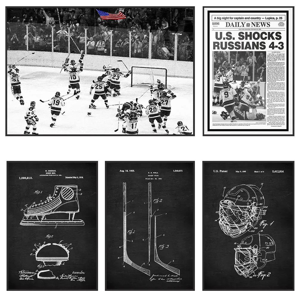 Ice Hockey Hockey Poster Prints Mid Century Modern Mens Skates With Puck Canvas Painting Sport Wall Art Home Decor No Frame