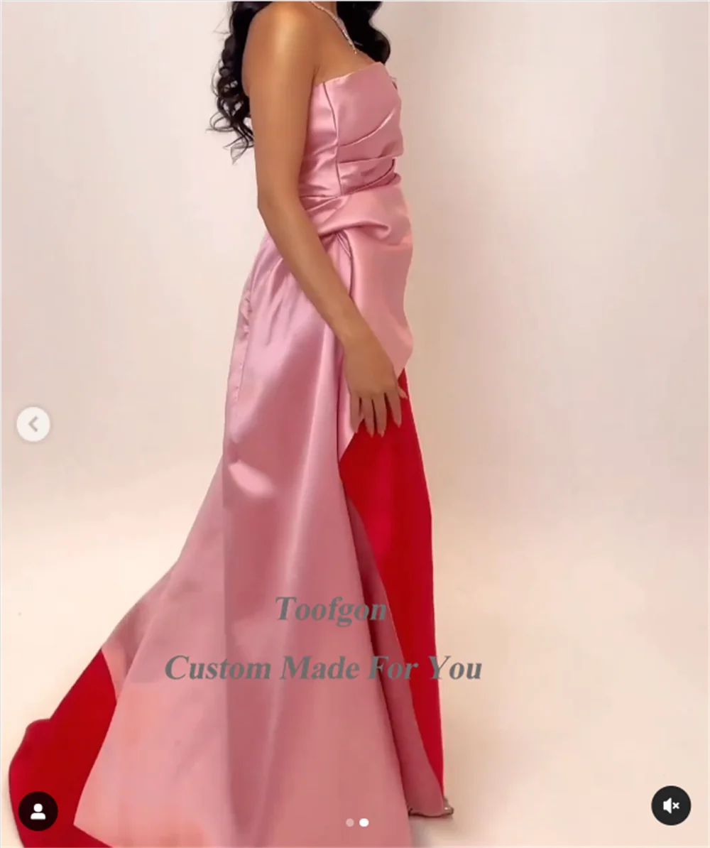 Toofgon Pink Red Satin Saudi Arabia Formal Party Dresses Strapless Women Prom Dress Tea-Length Midi Sweep Train Evening Gowns