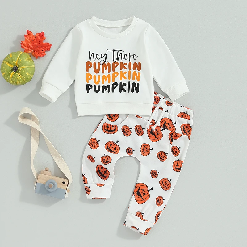 

2023-08-04 Lioraitiin 0-3Y Halloween Infant Baby Boys Girls Clothes Sets 2pcs Letter Print Long Sleeve Sweatshirt Pumpkin Pants