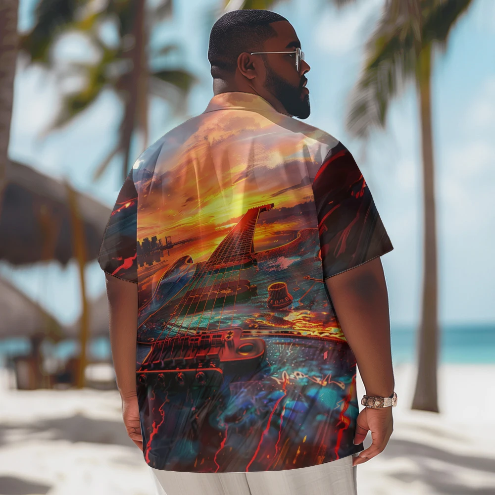 Sunset Creative Guitar Coast Printed New Hawaiian Shirt Men Casual Short Sleeve Tops Plus Size Summer Shirts