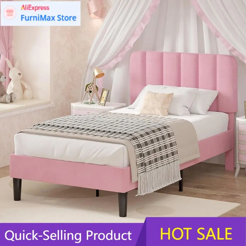 

PopularTwin Size Velvet Upholstered Platform Bed with Wood Slat Support, No Box Spring Needed, Pink