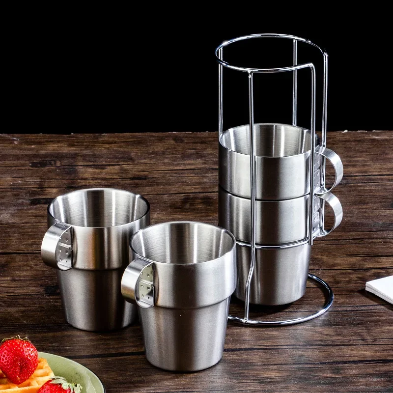 Double-walled Coffee Cup Set 304 Stainless Steel Mugs Coffee Cups Pack 6 Cups Tea Cups Outdoor Heat Insulation Anti-scalding