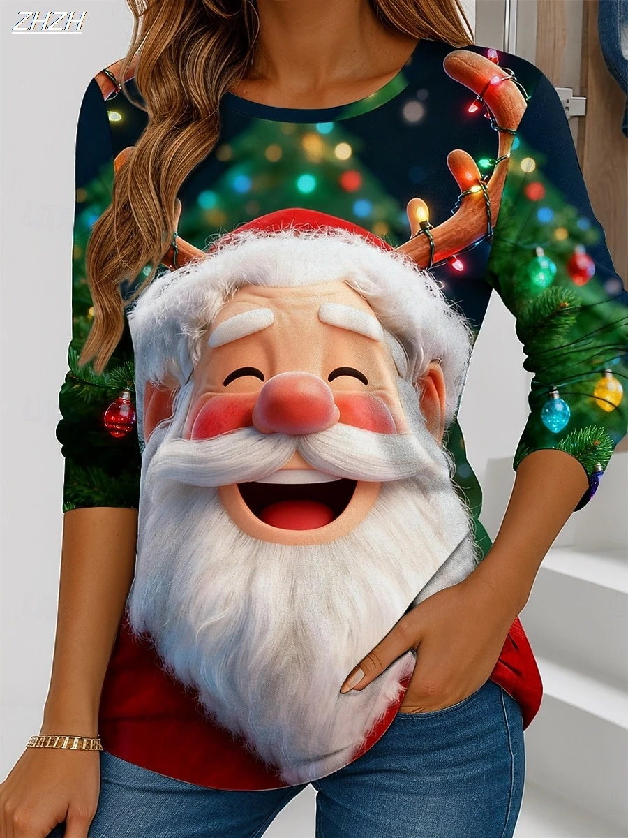 تي شيرت نسائي مطبوع عليه سانتا ندفة الثلج بأكمام طويلة، نمط عطلة احتفالي، ملابس شتوية كاجوال مريحة