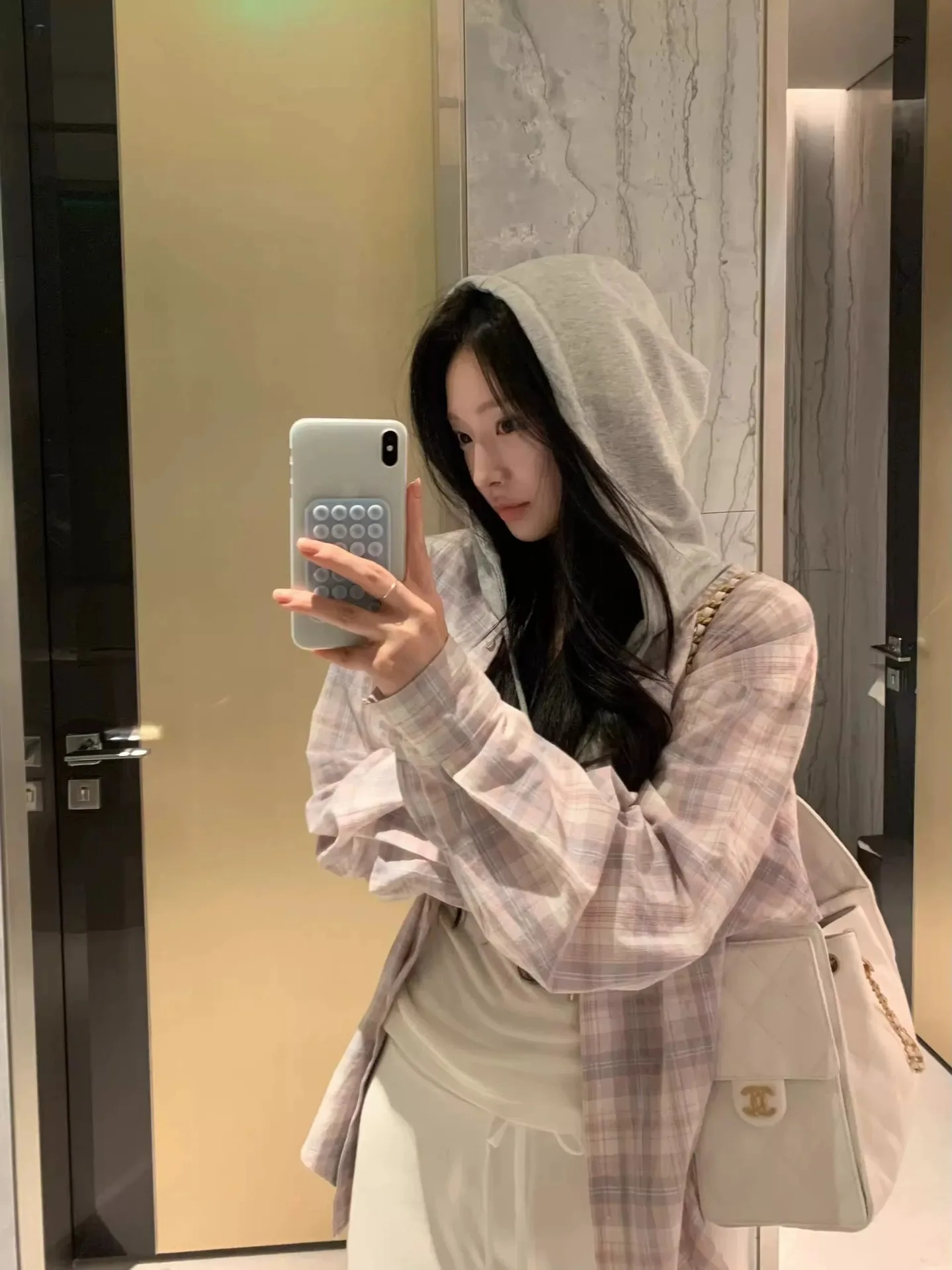 

Loose Fit Plaid Shirt Jacket with Hood in Pink Polyester Fiber Long Sleeve Commute Style Women's Regular Length East Gate Ds