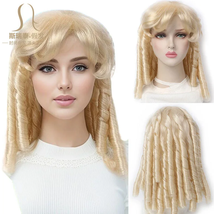 

Vintage Court Gold Lantern Roll Cosplay Lolita Retro Republican Wig For Female Curly Hair Roman Roll Wig Headgear + Free Wig Cap