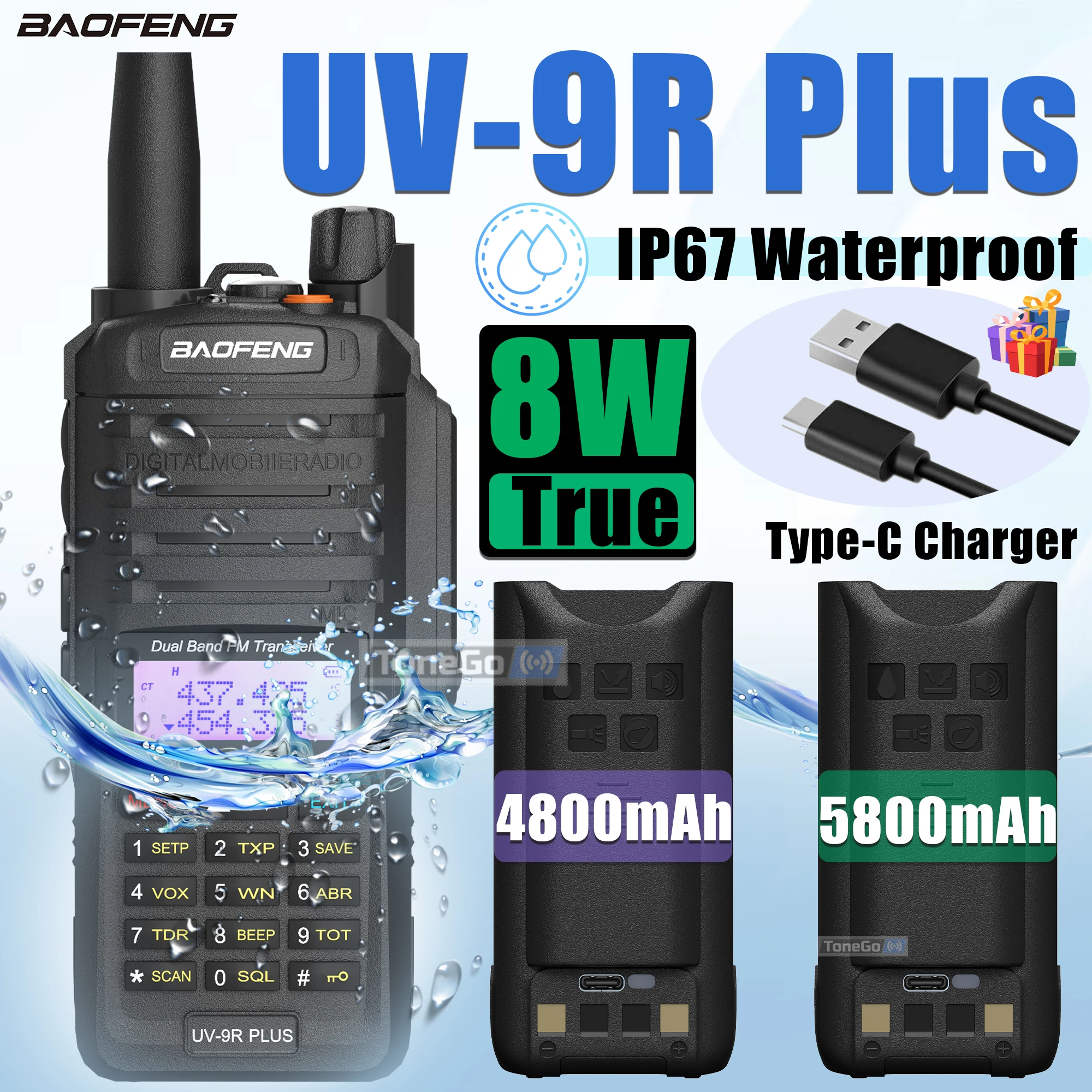 Baofeng UV-9R プラストランシーバー IP67 防水 Type-C 充電器 VOX デュアルバンド高容量アマチュア無線トランシーバー狩猟用