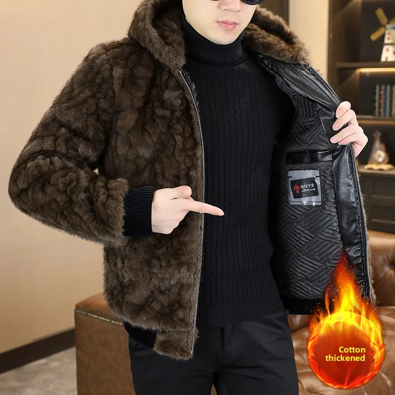 

2025 Winter Men's Thiened Warmth Cotton Jaet Fake Mink Fur Lined Quilted Youth Coat Long Sve Hooded Stand Fit Polye...