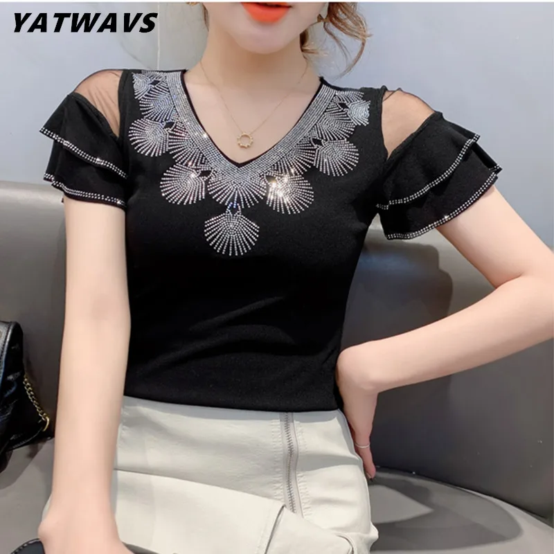 New 2023 Summer Short Sleeve Woman's T-Shirt Fashion Sexy V-Neck Mesh Tees Tops Shirt Hot Drilling Ruffels Ladies Clothes Tshirt