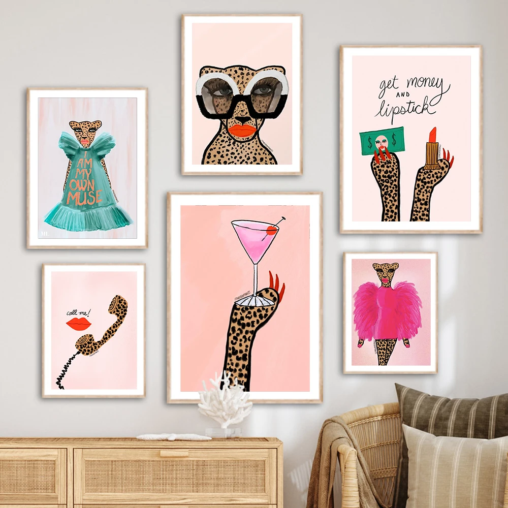 (No frame)Fashion Leopard Lipstick Sunglasses Wall Art Poster Print Colourful Quote Funny Retro Canvas Painting Living Room N