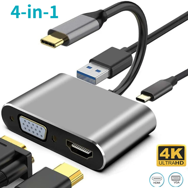 4 in 1 USB C Hub Multiport Adapter Docking Station Type C to 4K HDTV VGA 60W PD Fast Charge Splitter for MacBook Pro/Air Laptop