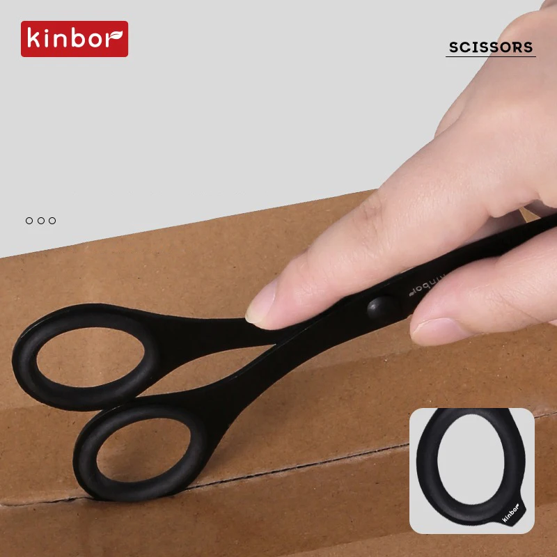 Kinbor tijeras de doble propósito aerodinámicas negras, cuchillo abridor de caja, tijeras de seguridad portátiles de acero inoxidable, herramientas de papelería antiadherentes