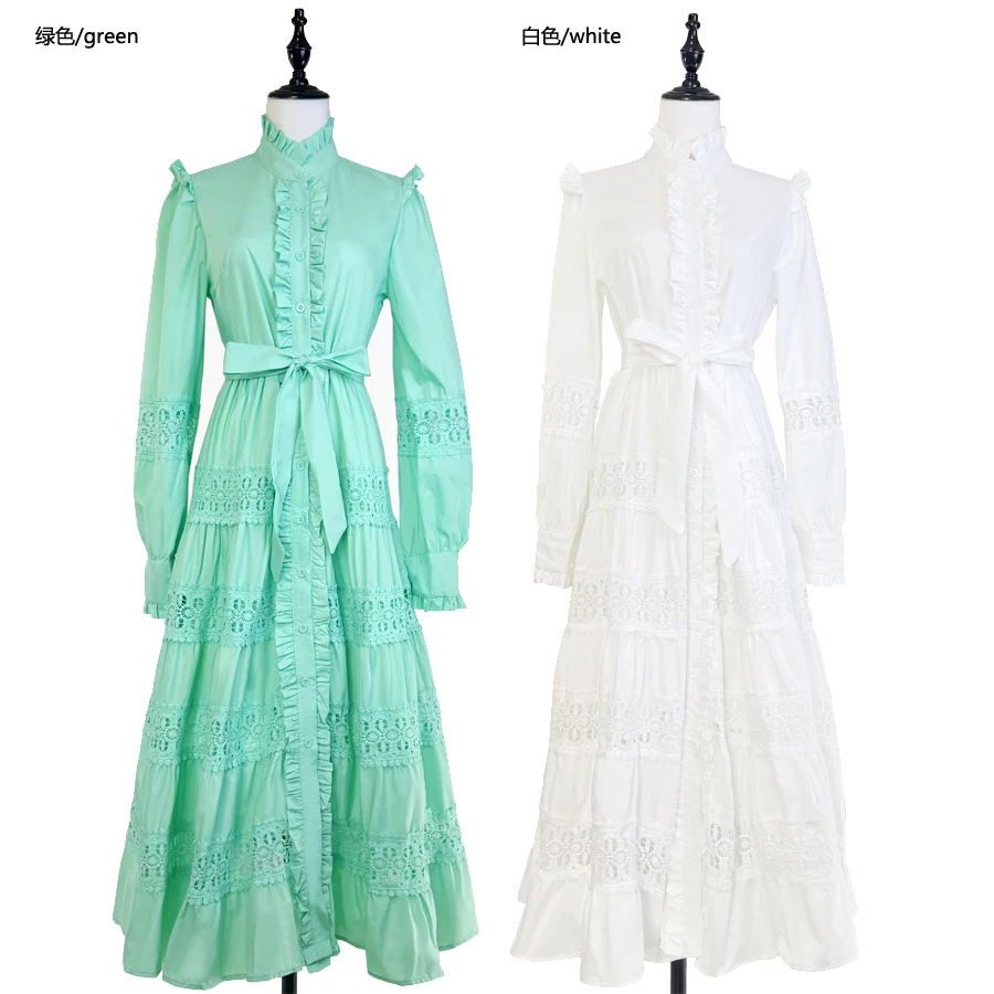 Hohe Qualität Solide Blume aushöhlen Spitze Prom Kleid für Frauen Elegante Stehen Lange Laterne Hülse Spitze Up Casual Vestido Femenino