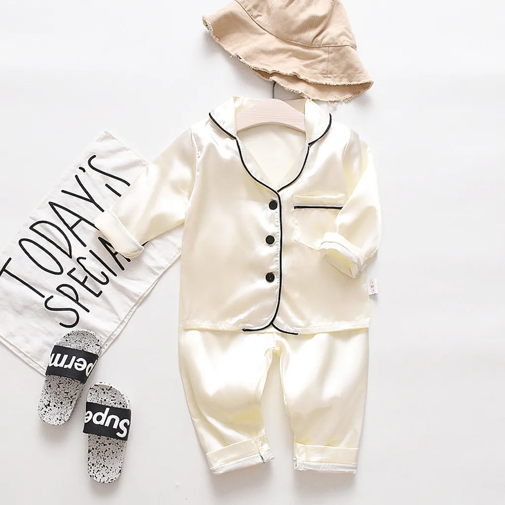 Baby Wear Long Sleeve suit Kids Clothes Toddler Boys Girls Ice silk satin Cartoon little bear Tops Set For Children's Pants