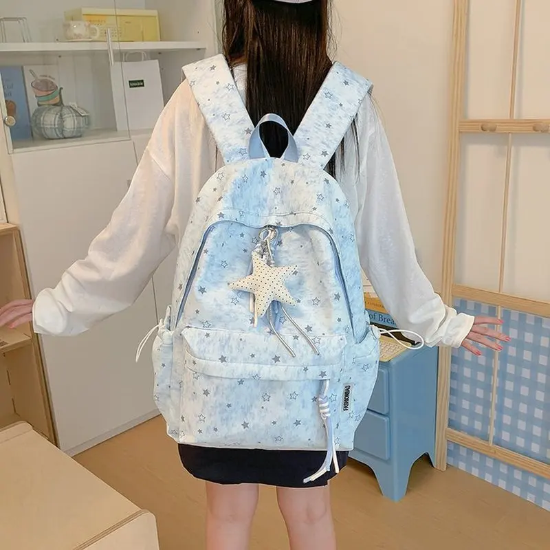 Cute Star Pattern Backpack For Women Girls Lightweight Canvas School Bag With Drawstring Details And Side Pockets Casual Daily