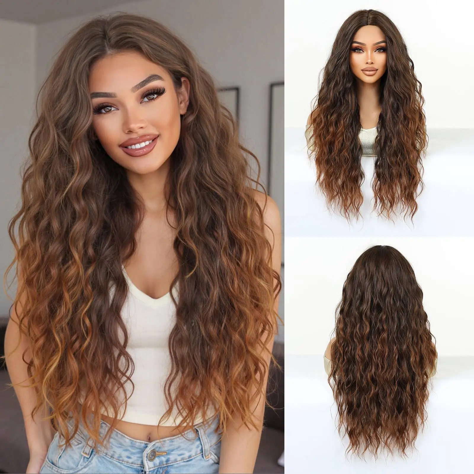 

Ombre Brown Long Water Wave Synthetic Wigs 28 Inch Middle Part Heat Resistant Natural Looking Wig for Daily Wear