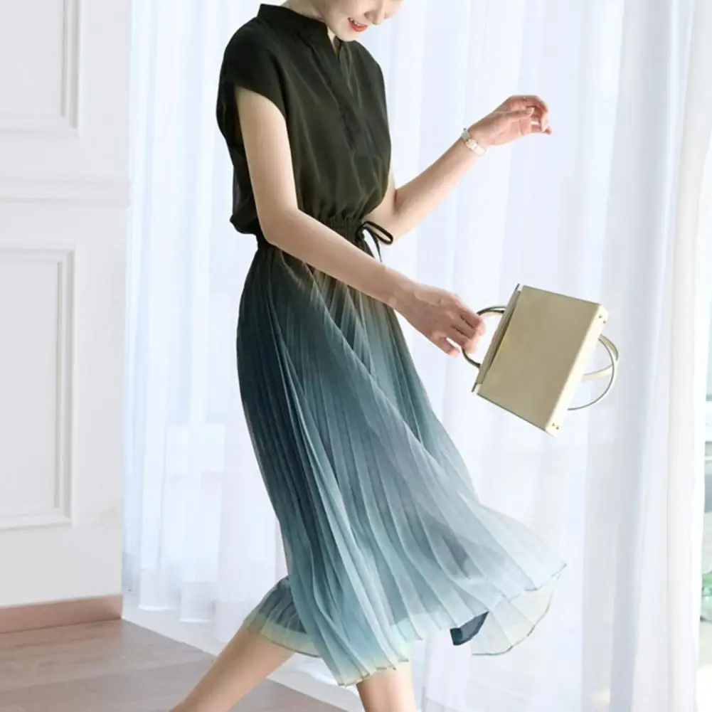 

Charming Elegant Dress V-neck Breathable Midi Dress Women Elegant Pleated Dress Office Lady Clothes