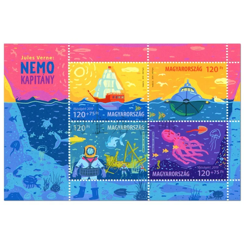 Sellos postales de Hungría, postales Y2019, capitán Nemo de Verne, 1 hoja, 4 nuevos sellos postales coleccionables MNH, Material para álbum de recortes