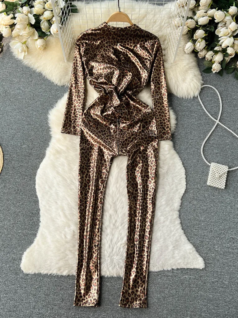 Foamlina Sexy Leopard Print PU Leather Jumpsuit Women New Sprint Autumn Zipper Up Stand Collar Long Sleeve Pencil Pants Overalls