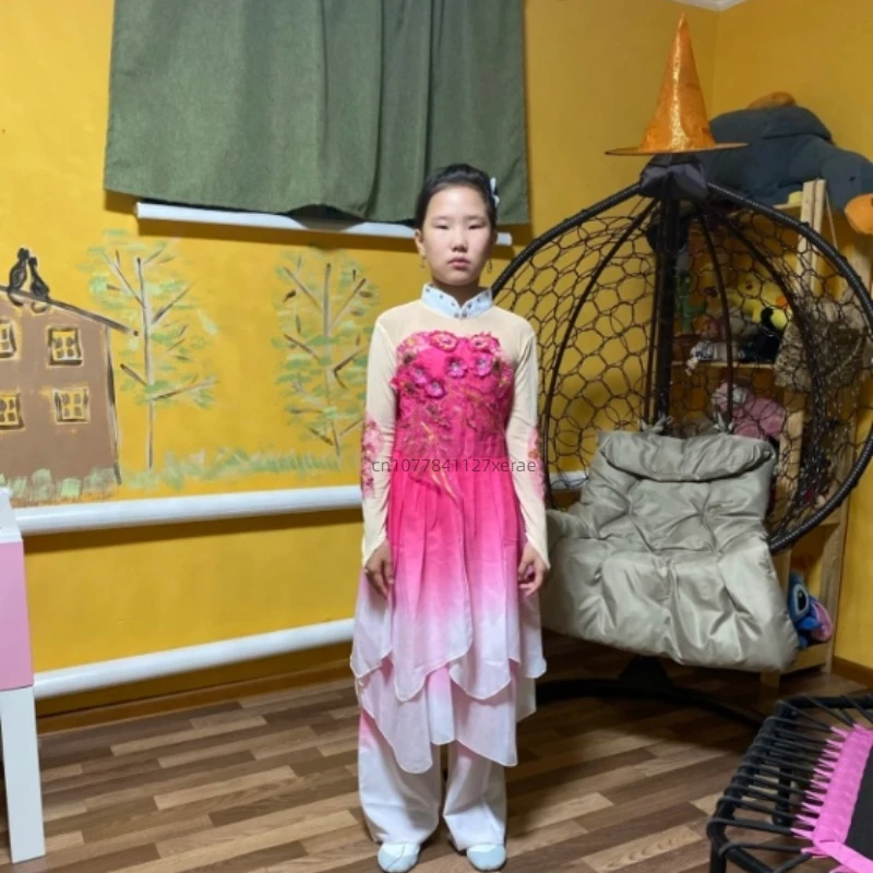 Children's Classical Dance Performance Costumes, Elegant Fan Umbrella Dance for Girls' Yangko, New Ethnic Dance Costumes