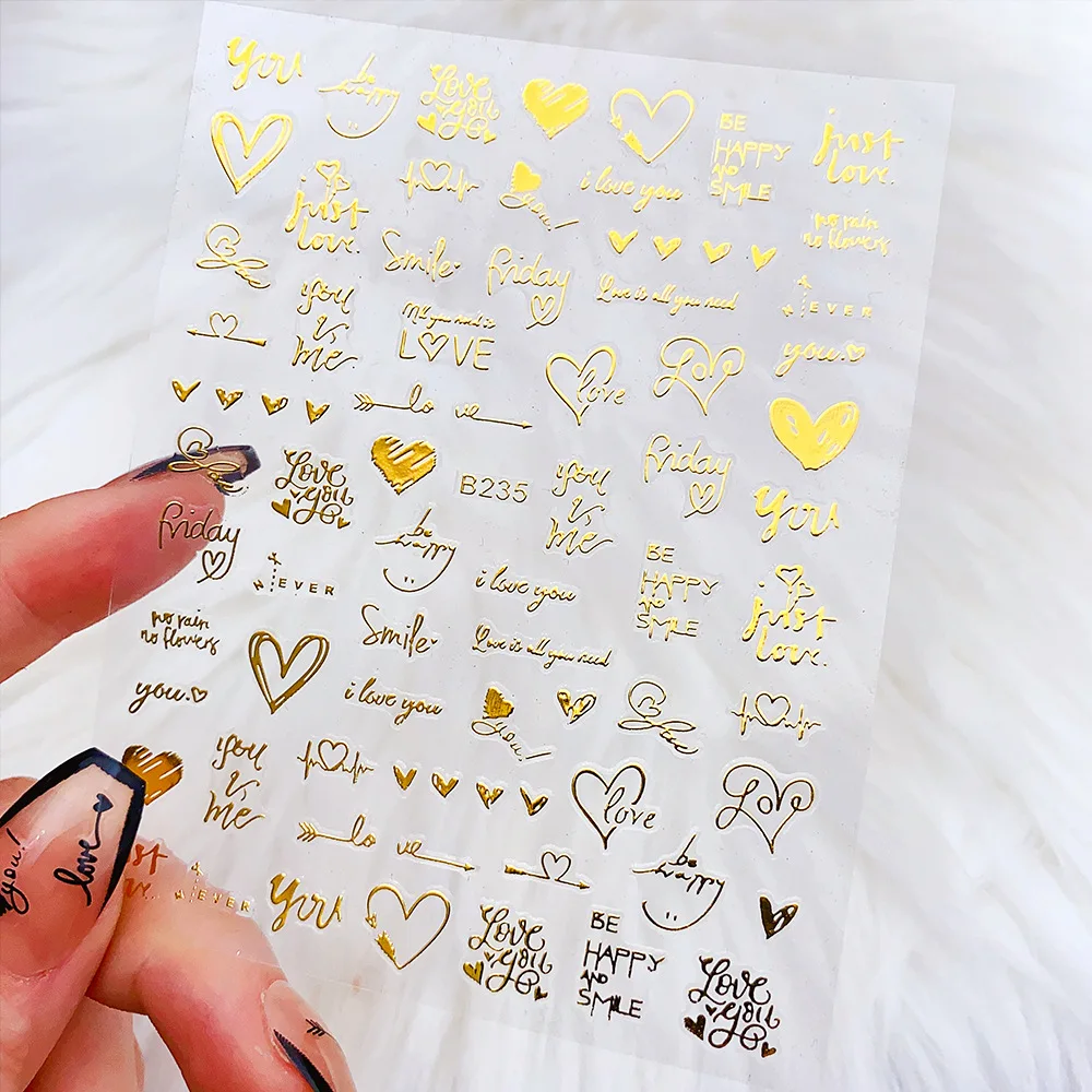 6Pcs/Pack Laser Gold Silver 3D Nail Art Stickers Love Heart Letter Image Nail Decoration Ins Style Sticker DIY Foils Accessories