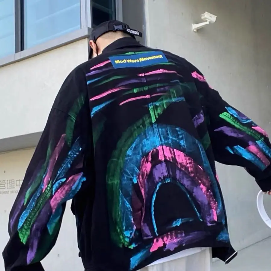 أسود أزرق الدنيم سترة المرأة الربيع والخريف 2025 جديد الكورية تصميم فضفاض الطباعة جينز غير رسمي معطف الإناث