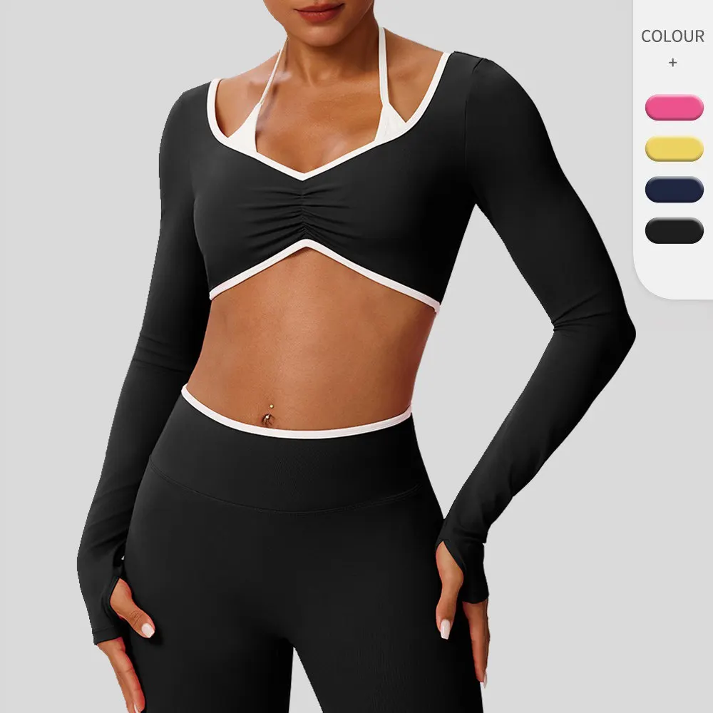 Women Color Block Padded Long Sleeve Yoga Top Quick Dry Running Fitness Sports T Shirt
