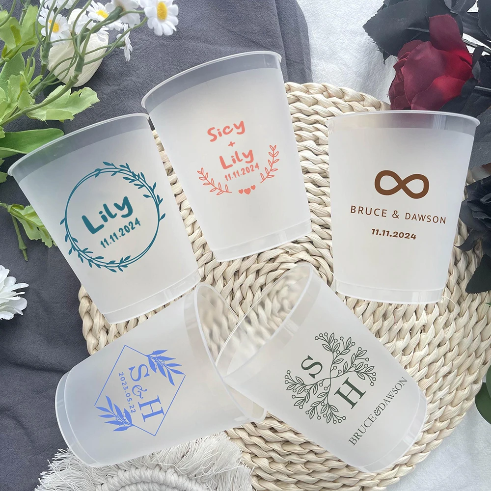 

10Pcs Custom Plastic Cups for Wedding 12/16oz Personalized Plastic Cups Frosted Cups Customize Wedding Plastic Drinking Cups
