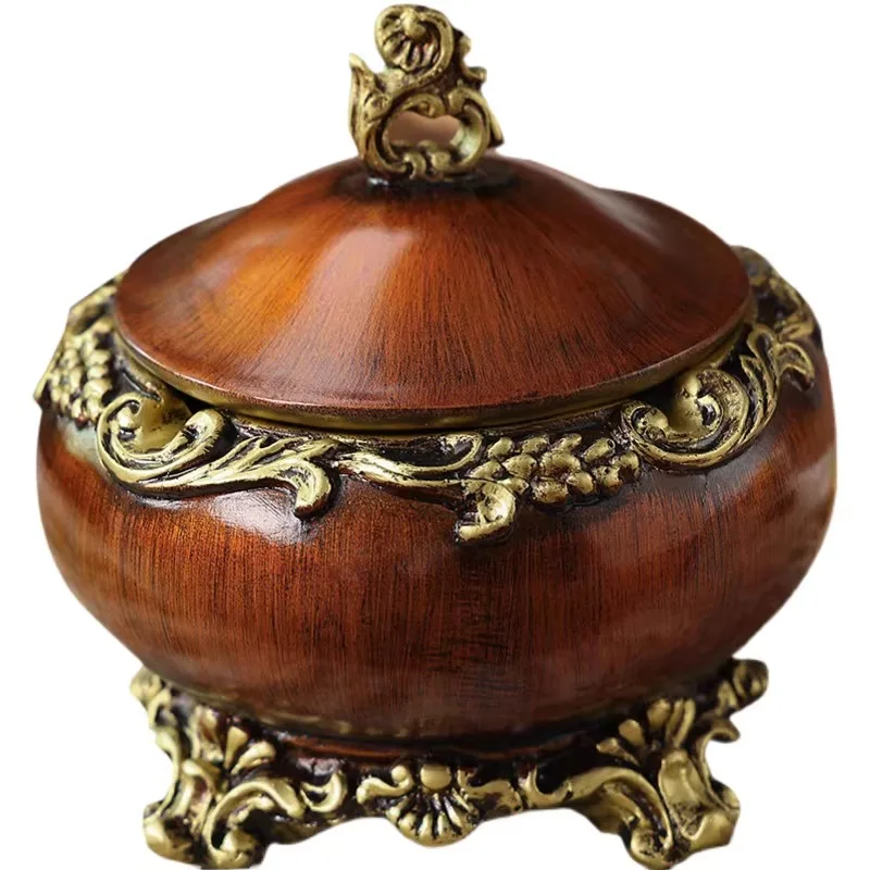 

European retro antique copper resin ashtray with cover anti-fly ash high-end luxury creative personality ashtray