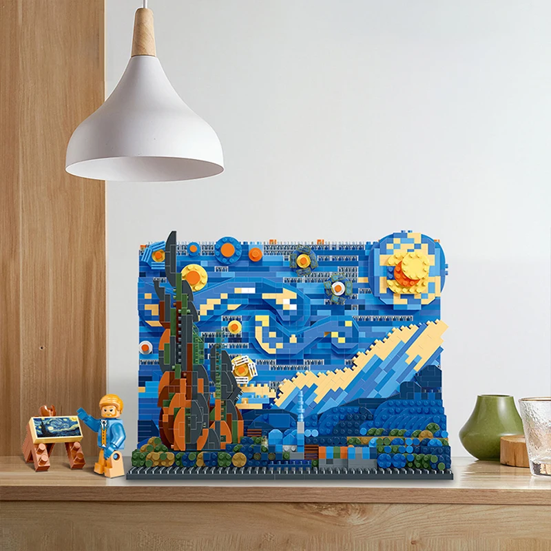 Creative World Famous Paintings The Starry Night MOC The Great Wave of Kanagawa Micro Building Blocks Brick Figure For Kids Gift