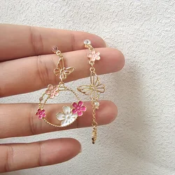 Korean Cute Asymmetric Fan Kitten Long Tassel Earrings for Women Sweet Flower Butterfly Earrings Girls Everyday Wear Jewelry