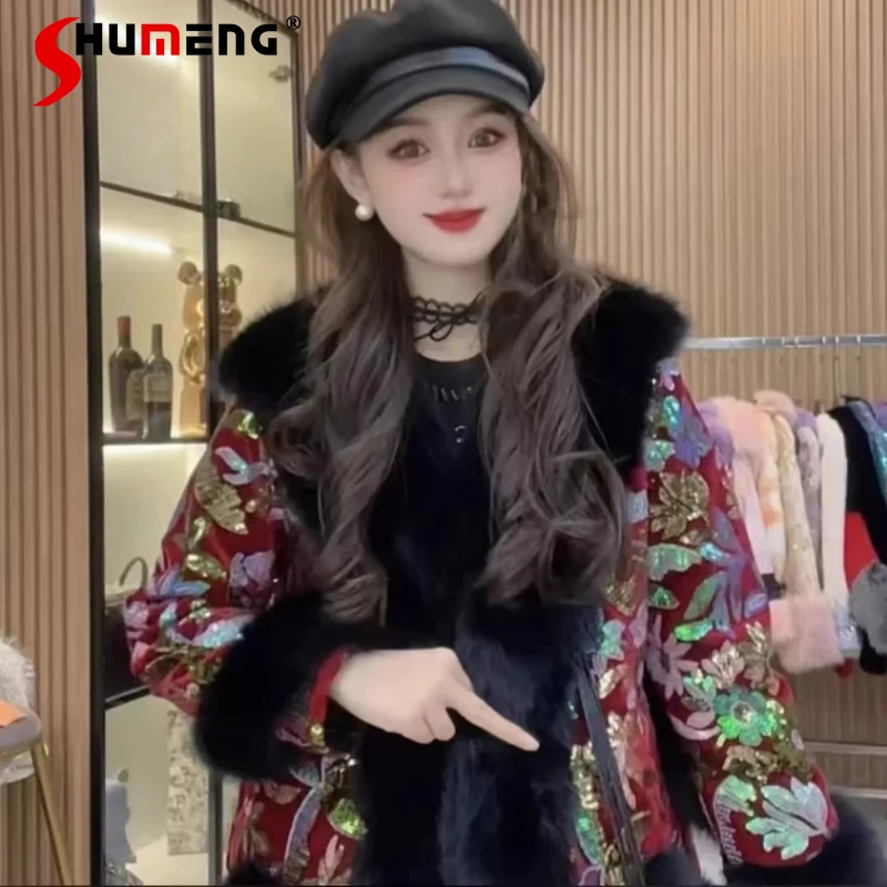 Women 2025 Winter New Fashion Fur Integration Coat High-end Sparkling Sequin Imitation Mink Fur Long Sleeve Beauty Chic Faux Fur