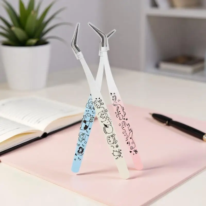 Pinzas para pestañas postizas con estampado de dibujos animados, pinzas para extensión de pestañas 3D profesionales curvadas de acero inoxidable, herramientas de maquillaje