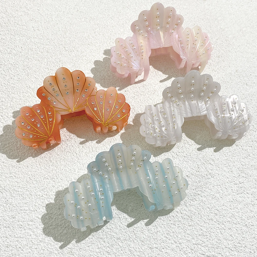 

Sweet Acetate Pink Gradient Color Pearl Shell Beach Hair Clip Claw For Women Girls New Geometric Hairpin Hair Accessories Tool