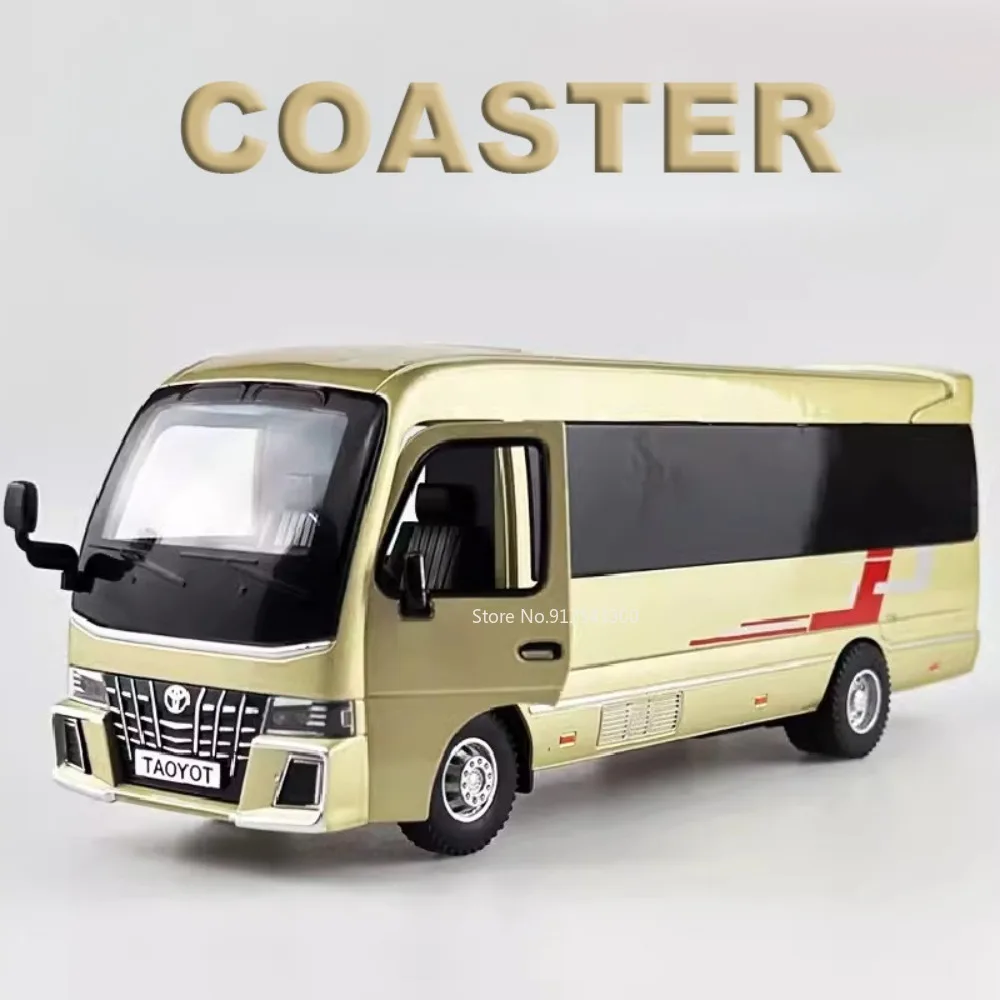 1/32 Scale Coaster Bus Alloy Car Model Toy Metal Diecast Doors Opened Models with Sound Light Pull Back Toys for Boys Kids Gifts